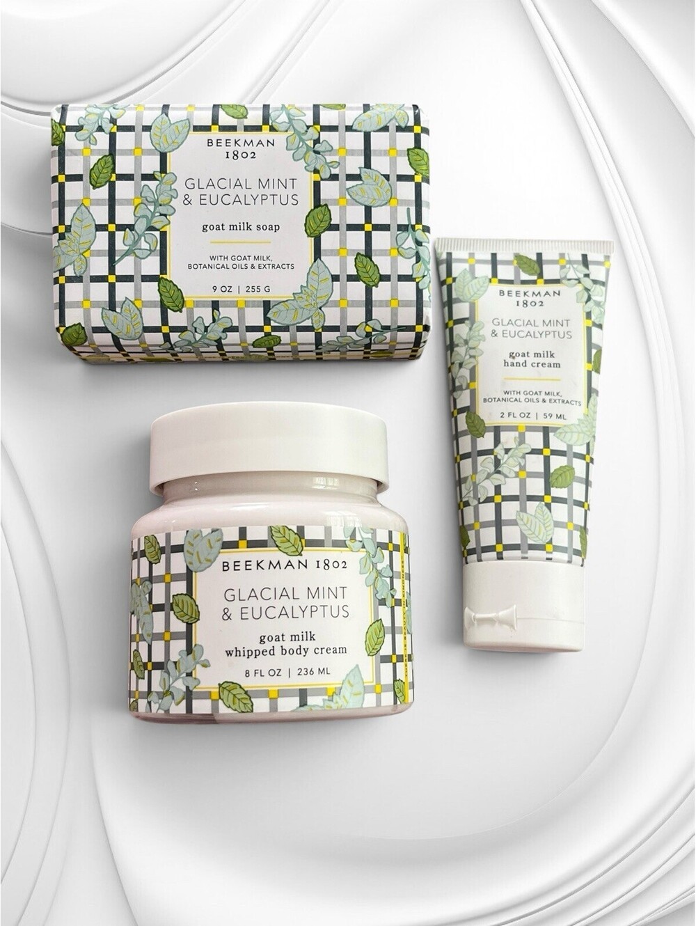 3 pc Beekman 1802 Glacial Mint & Eucalyptus Goat Milk Soap & Hand Body Cr NEW !!